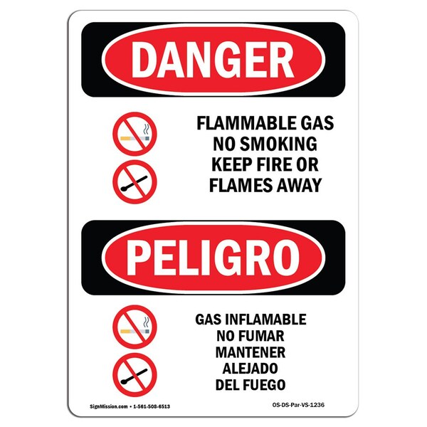 Signmission OSHA Danger Sign, Flammable Gas No Smoking Bilingual, 7in X 5in Decal, 5" W, 7" L, Bilingual Spanish OS-DS-D-57-VS-1236 - main